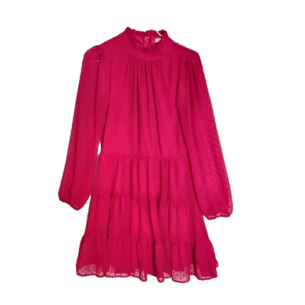 Francesca's Mi Ami Ruby Red Swiss Dot Chiffon Sheer back & Sleeve Tiered Dress S